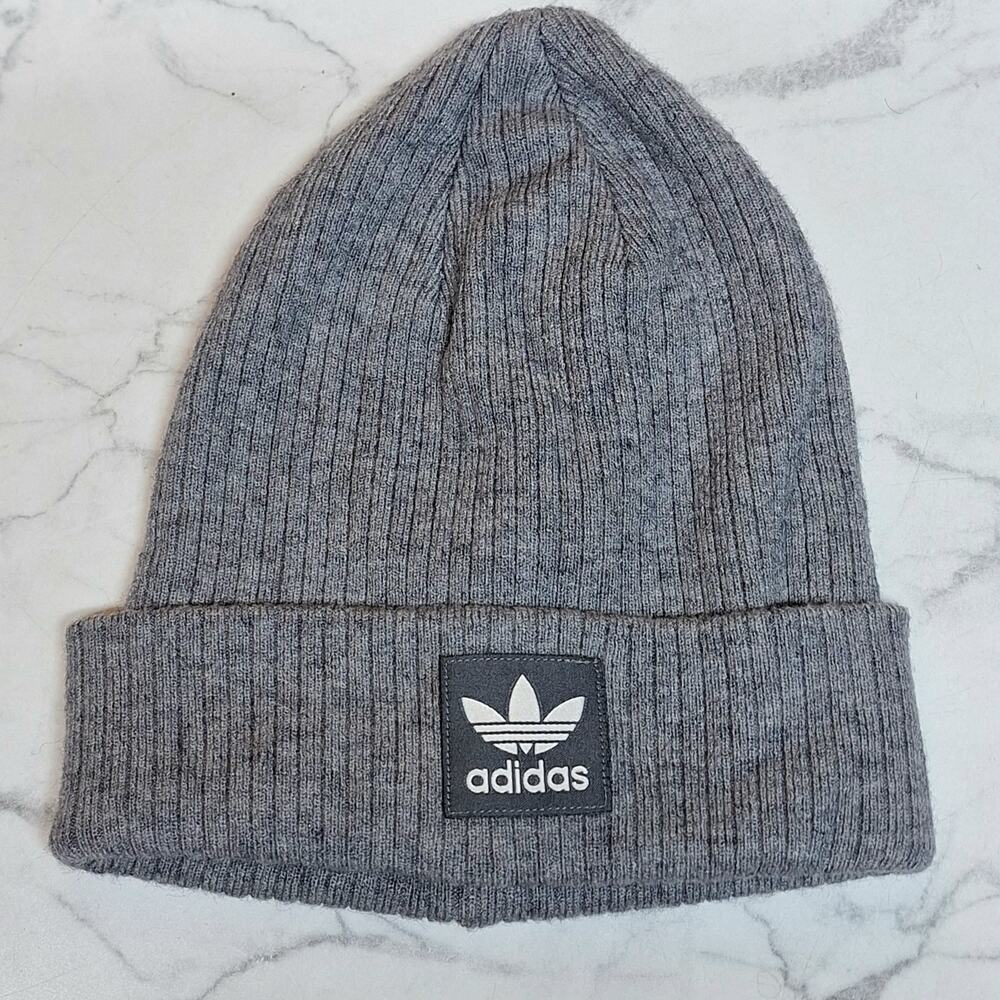 Adidas womens ribbed knit beanie Grey rayon blend soft winter fall cozy